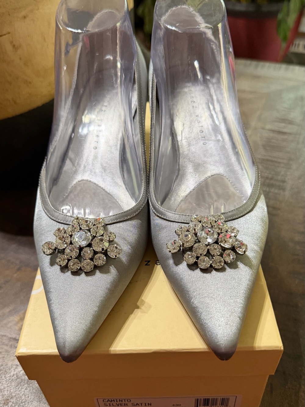 EUC Martinez Valero Silver Satin Pointed Toe Heels with Crystal Cluster